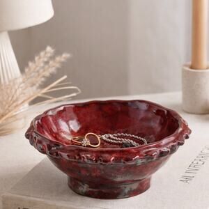 Handmade Studio Pottery Red Glaze Trinket Bowl Notched Rim
